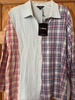J. NNA Women’s Patchwork Button-Up Shirt in Light Blue and Pink Plaid